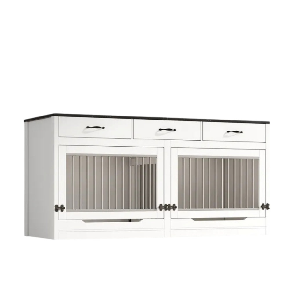 **Titre technique : Meuble contemporain blanc avec portes en lattage et tiroirs intégrés**