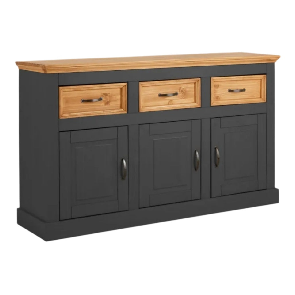 **Titre technique : Meuble de rangement en bois avec finitions noires et tiroirs en bois clair**