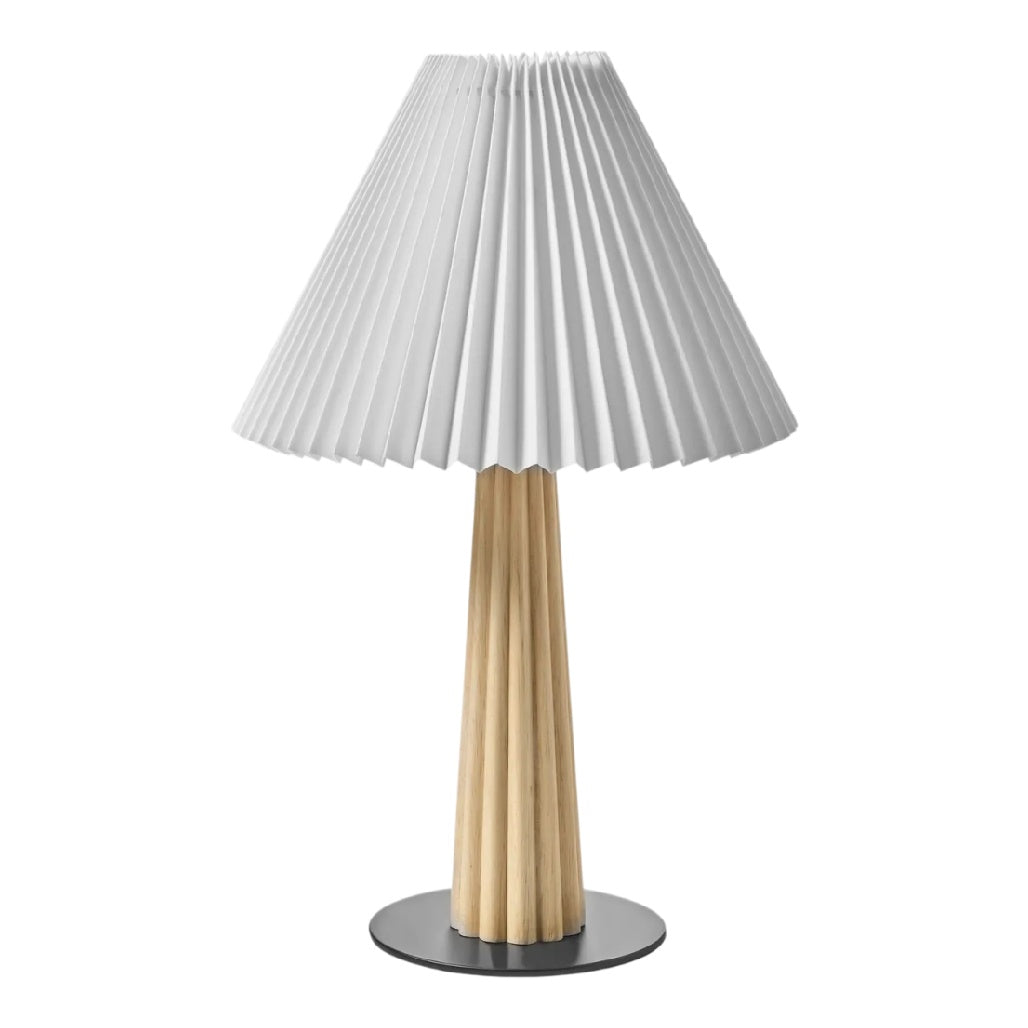 **Lampe moderne en bois et abat-jour plissé blanc**